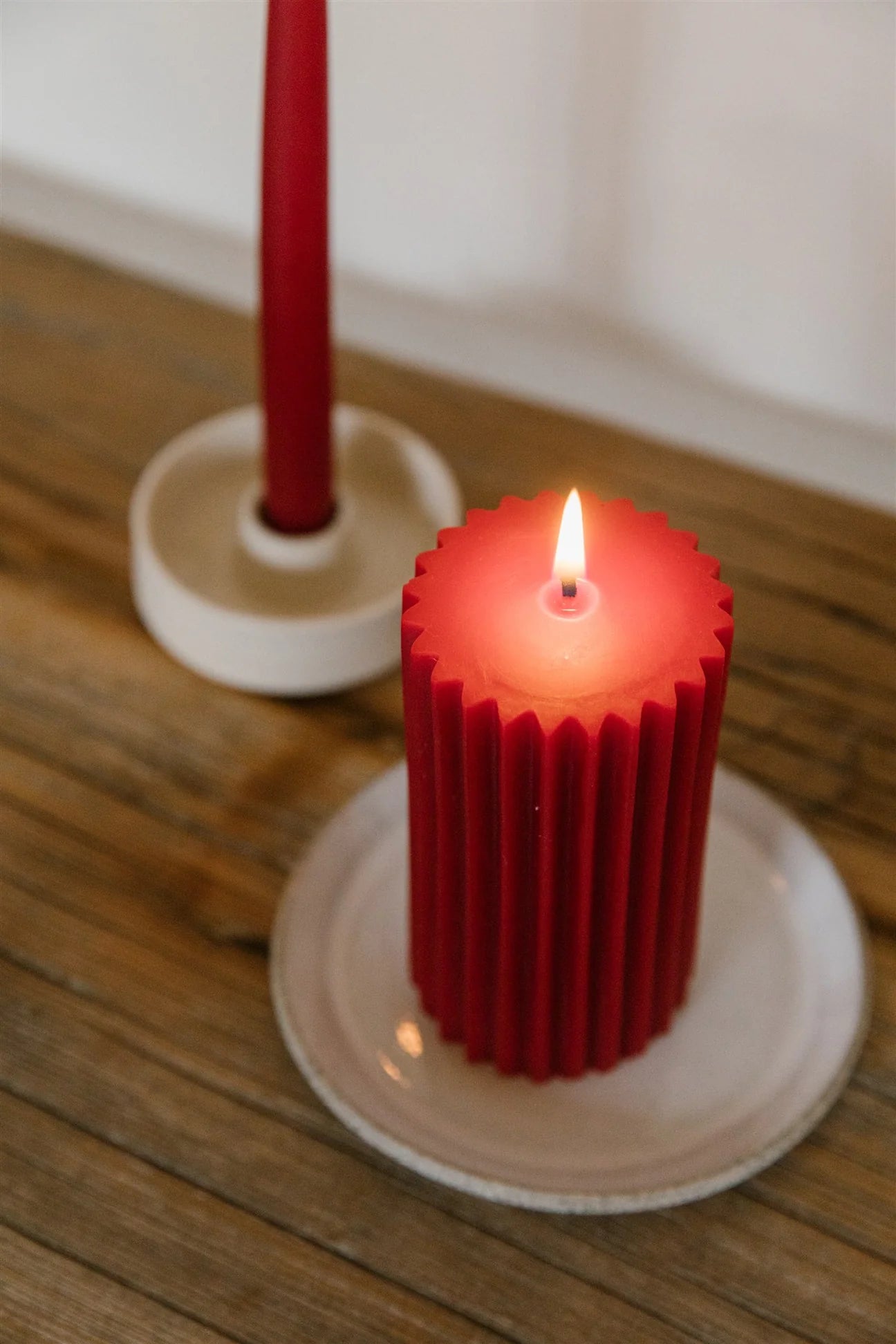 Crowfoot Collective Beeswax Fluted Pillar Candle - Cranberry