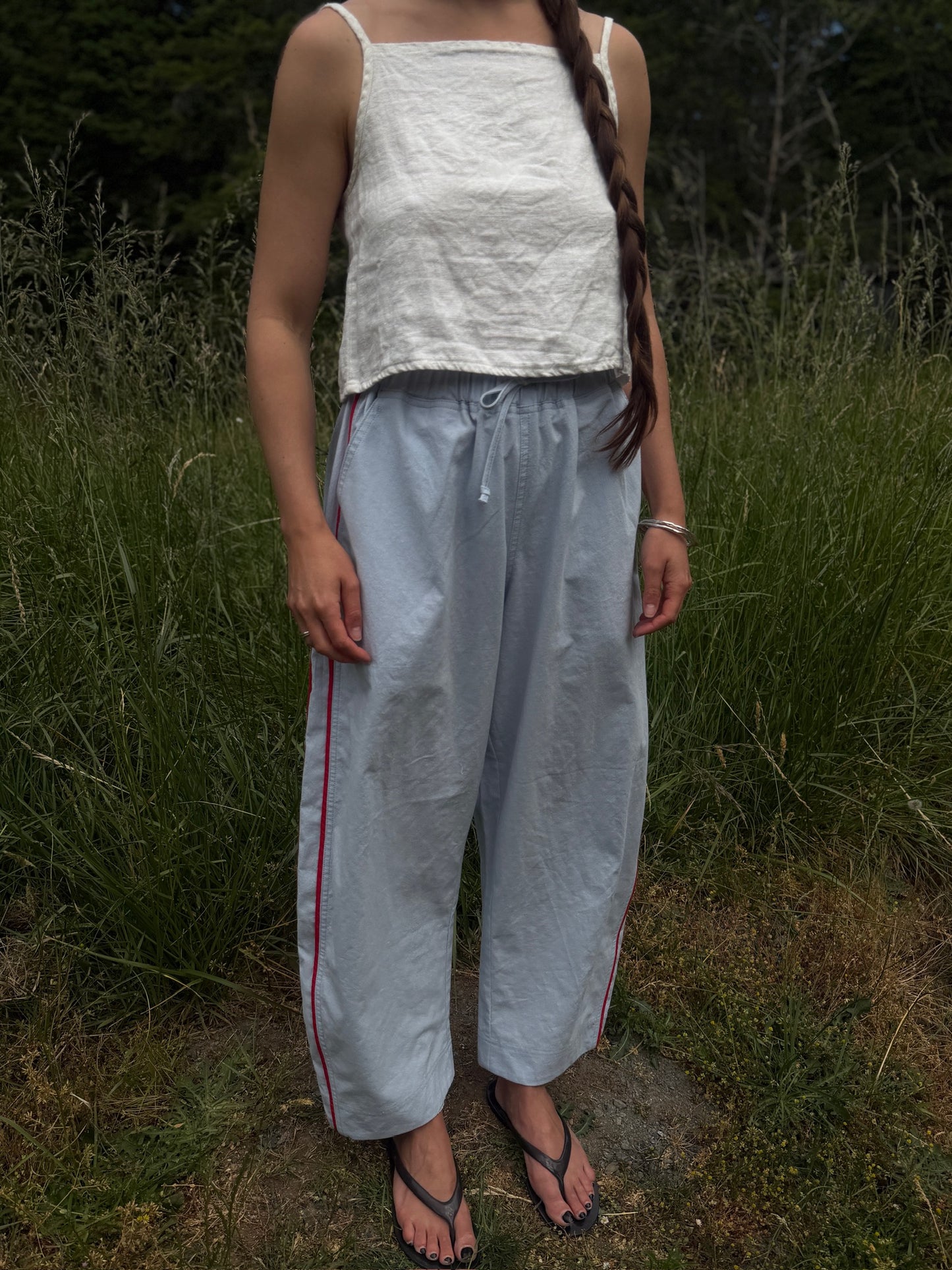 Jules Pant -Mist with Red Piping