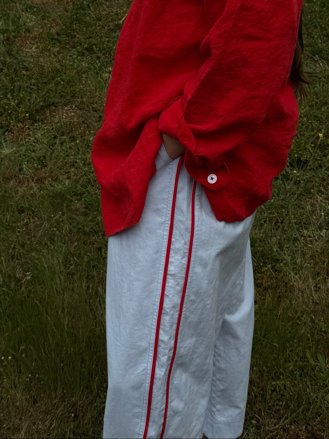 Jules Pant -Mist with Red Piping